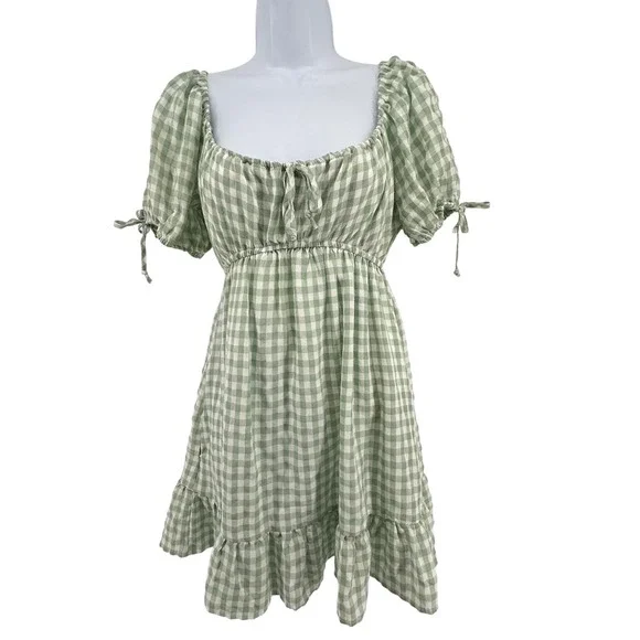 Thirty Thirty Gingham Dress M Green Ruffle Tier Cottagecore Romantic Puff Sleeve - Picture 2 of 8